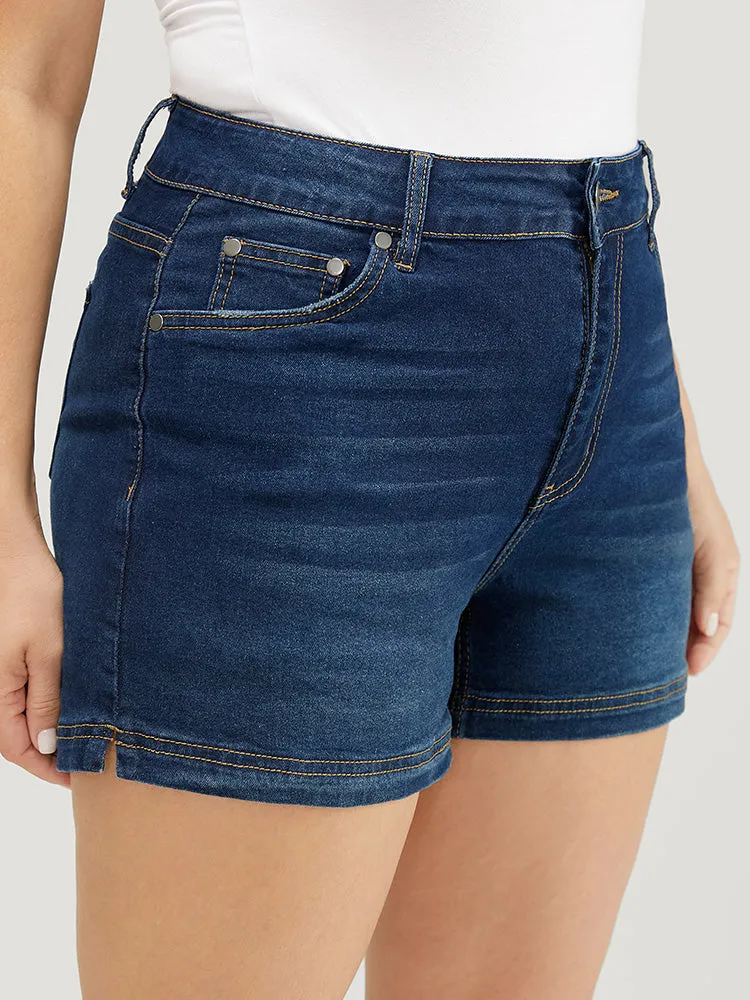 Moderately Stretchy High Rise Dark Wash Split Hem Denim Shorts sold by Bloomchic product image thumbnail 5