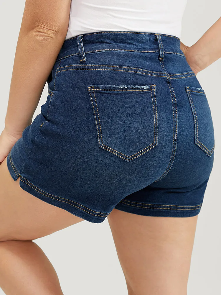 Moderately Stretchy High Rise Dark Wash Split Hem Denim Shorts sold by Bloomchic product image thumbnail 2