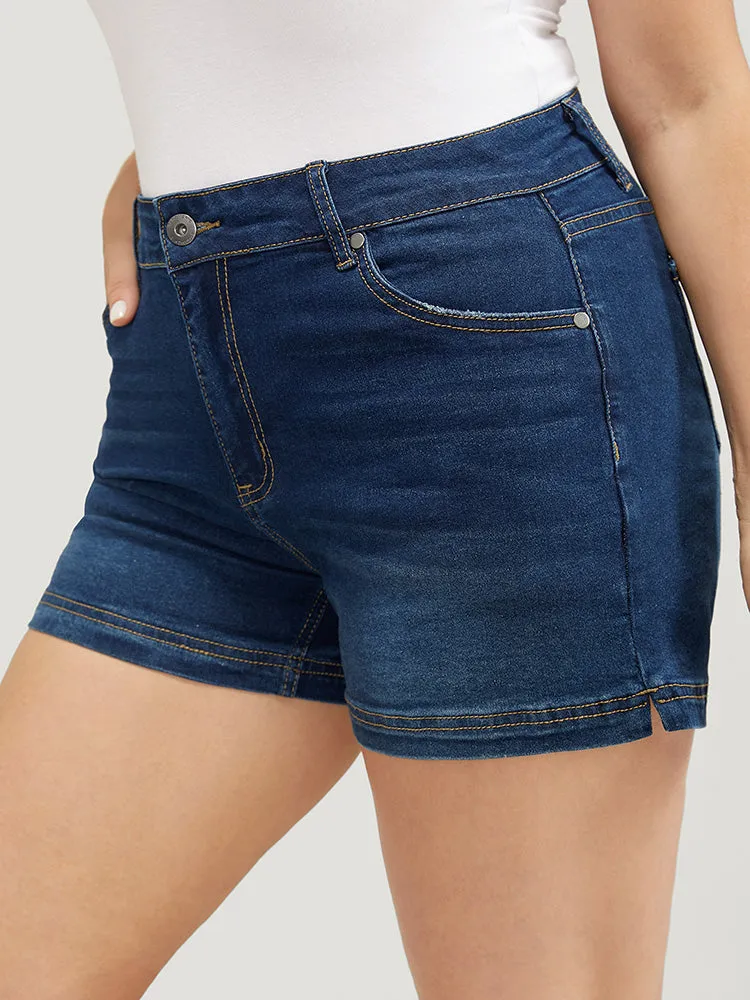 Moderately Stretchy High Rise Dark Wash Split Hem Denim Shorts sold by Bloomchic product image thumbnail 3