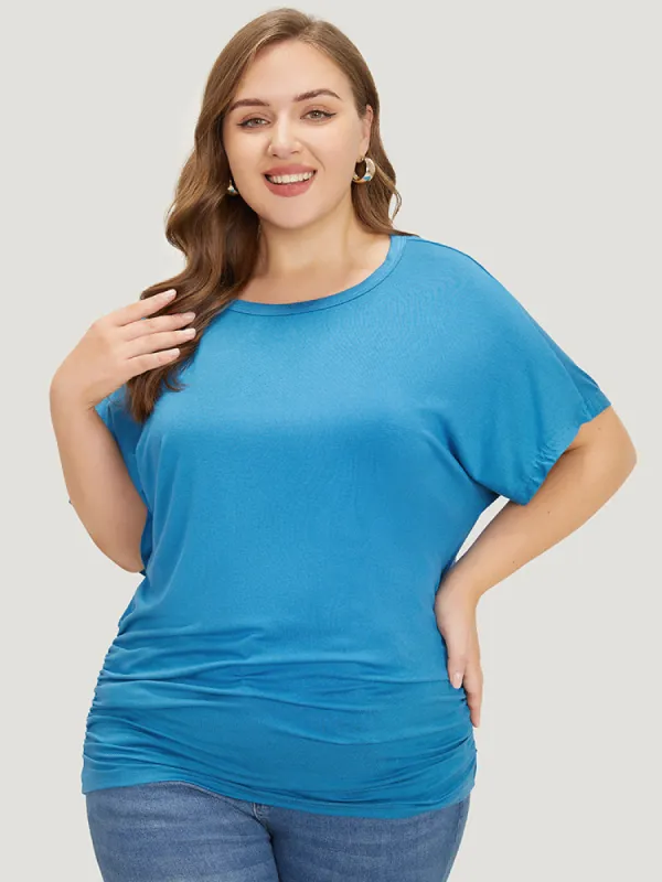 Solid Batwing Sleeve  Ruched Hem T-shirt sold by Bloomchic