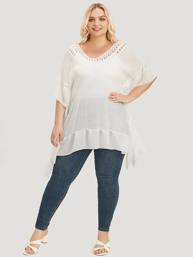 Solid Ruffle Trim Dolman Sleeve Lace Asymmetrical Hem Knit Top sold by Bloomchic product image thumbnail 5