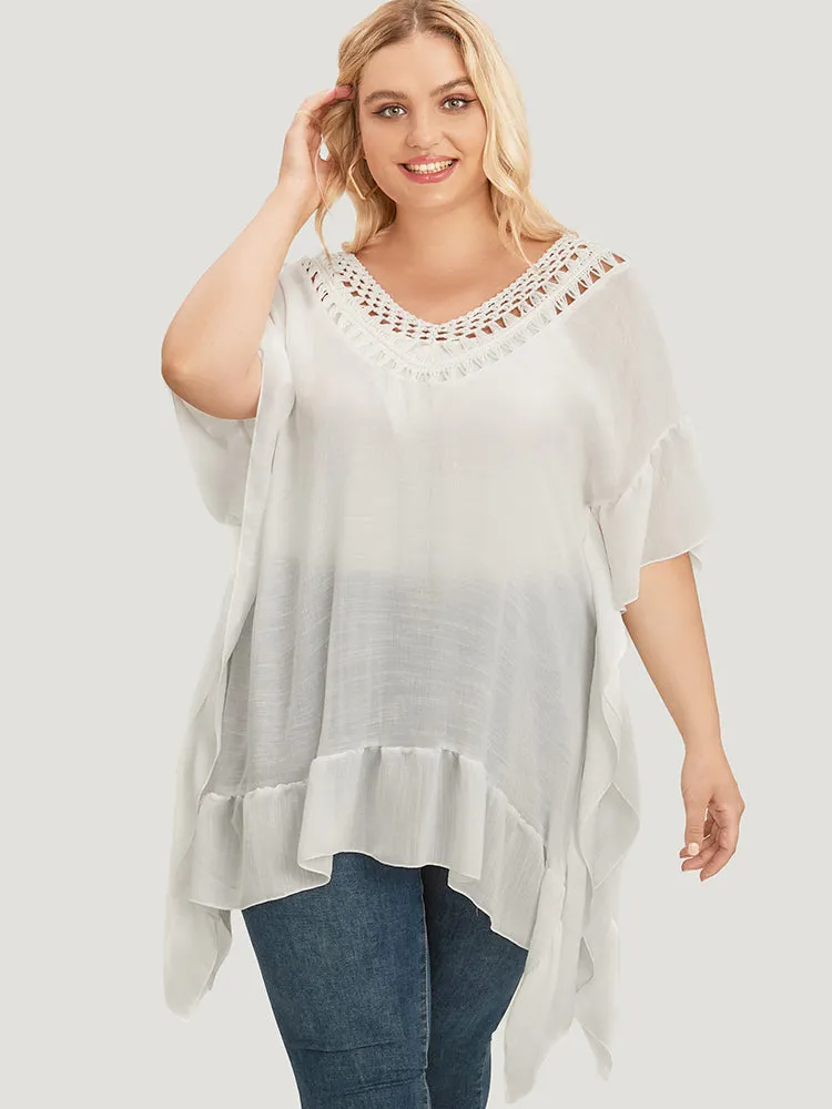 Solid Ruffle Trim Dolman Sleeve Lace Asymmetrical Hem Knit Top sold by Bloomchic product image thumbnail 2