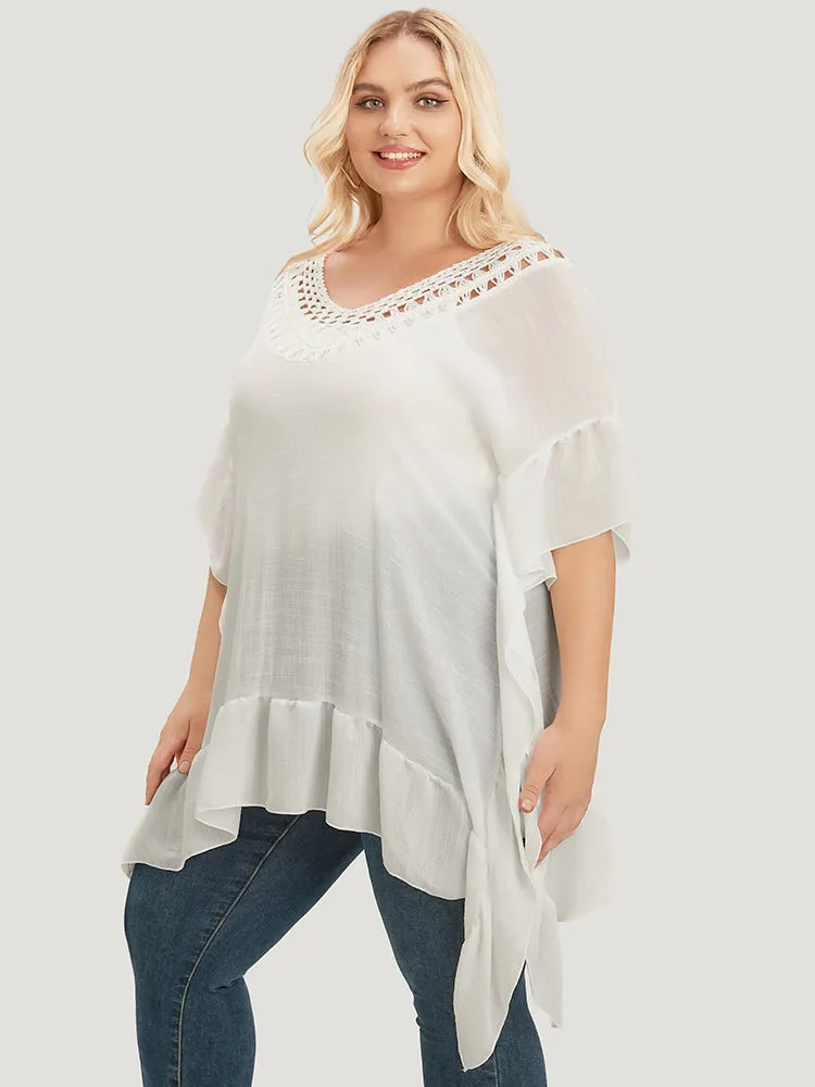 Solid Ruffle Trim Dolman Sleeve Lace Asymmetrical Hem Knit Top sold by Bloomchic product image thumbnail 4