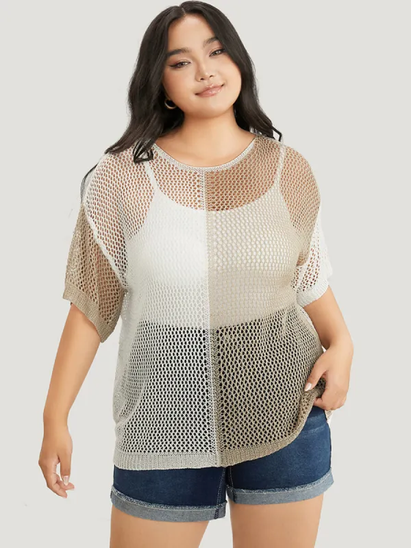 Colorblock Contrast Hollow Out Batwing Sleeve Knit Top sold by Bloomchic