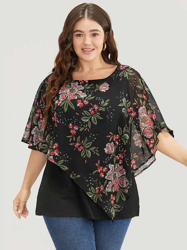 Floral Print Mesh Ruffle Sleeve T-shirt sold by Bloomchic