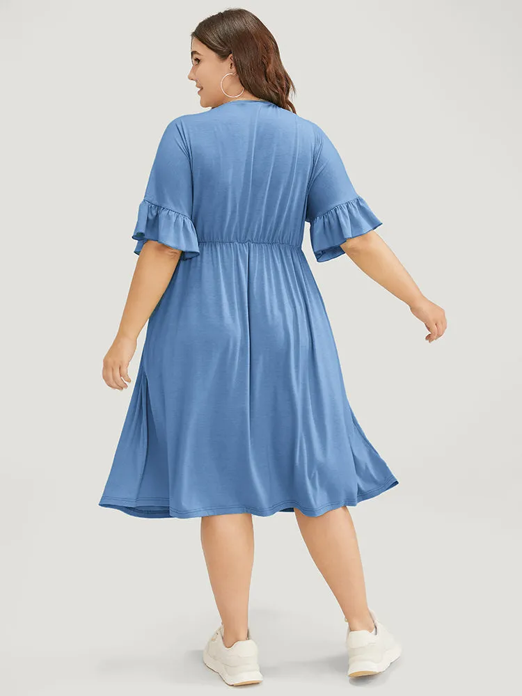 Solid Pocket Button Detail Ruffle Sleeve Midi Dress sold by Bloomchic product image thumbnail 3