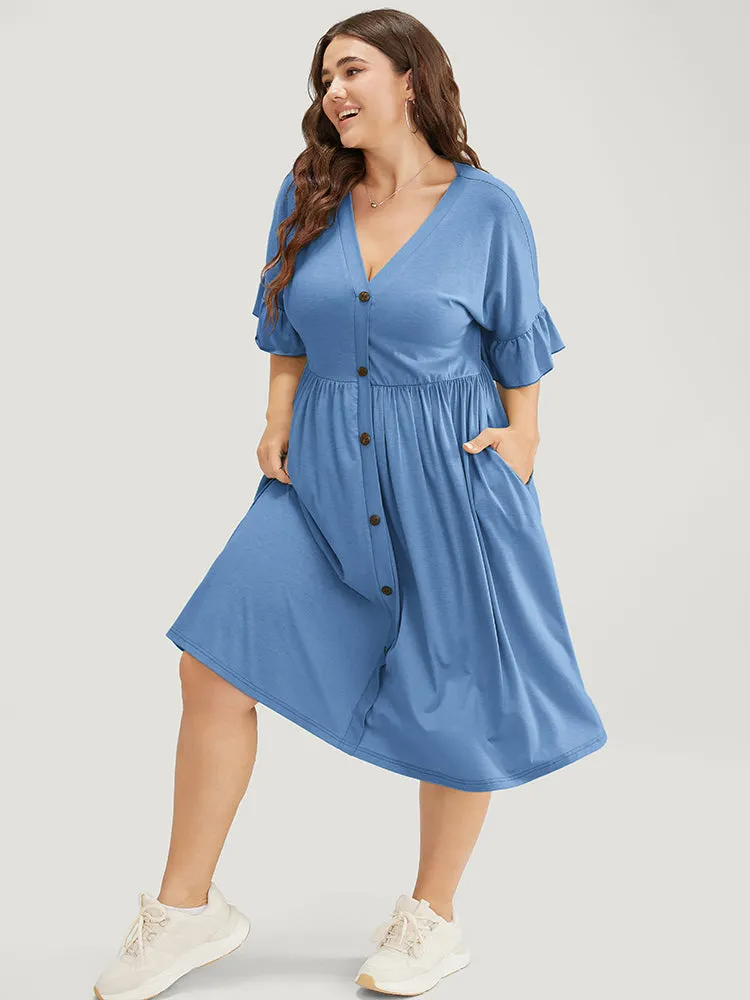 Solid Pocket Button Detail Ruffle Sleeve Midi Dress sold by Bloomchic