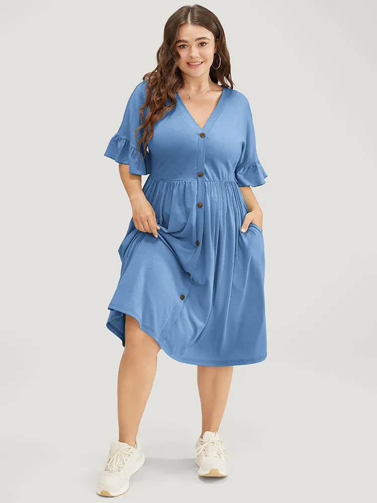 Solid Pocket Button Detail Ruffle Sleeve Midi Dress sold by Bloomchic product image thumbnail 2
