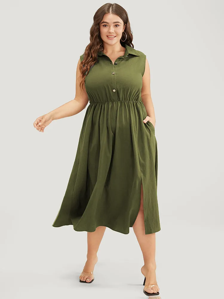 Solid Shirt Collar Sleeveless Pocket Button Up Split Hem Dress sold by Bloomchic product image thumbnail 2