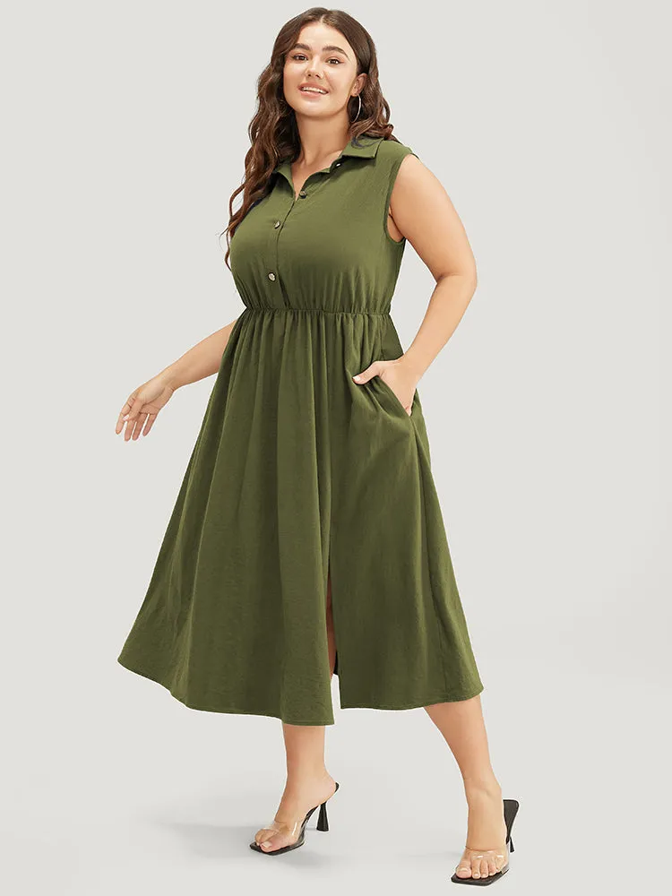 Solid Shirt Collar Sleeveless Pocket Button Up Split Hem Dress sold by Bloomchic product image thumbnail 4