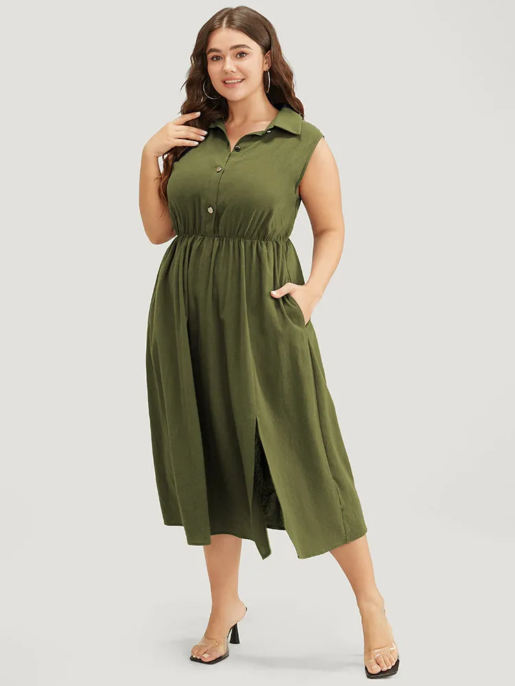 Solid Shirt Collar Sleeveless Pocket Button Up Split Hem Dress sold by Bloomchic product image thumbnail 3