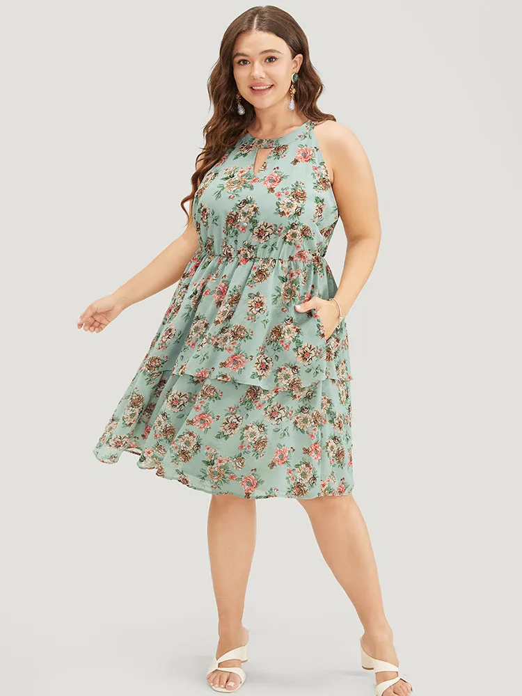Floral Pocket Ruffle Tiered Keyhole Knotted Halter Dress sold by Bloomchic product image thumbnail 3