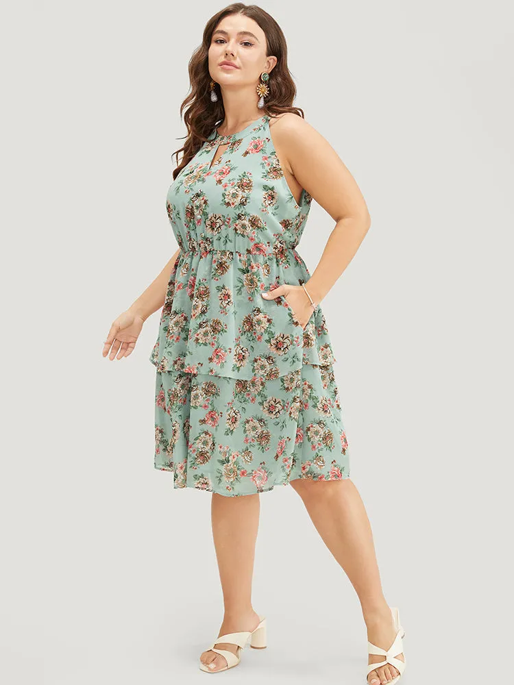 Floral Pocket Ruffle Tiered Keyhole Knotted Halter Dress sold by Bloomchic product image thumbnail 4