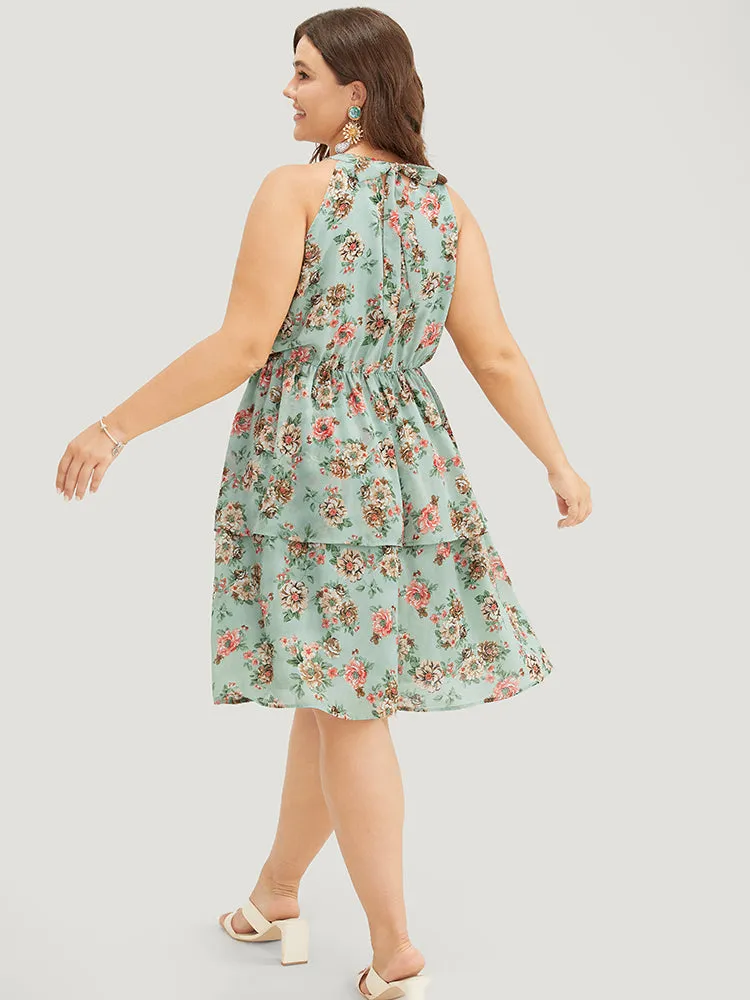 Floral Pocket Ruffle Tiered Keyhole Knotted Halter Dress sold by Bloomchic product image thumbnail 5