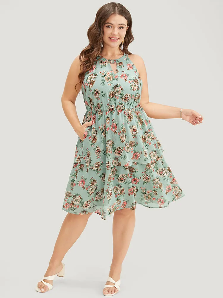 Floral Pocket Ruffle Tiered Keyhole Knotted Halter Dress sold by Bloomchic product image thumbnail 2