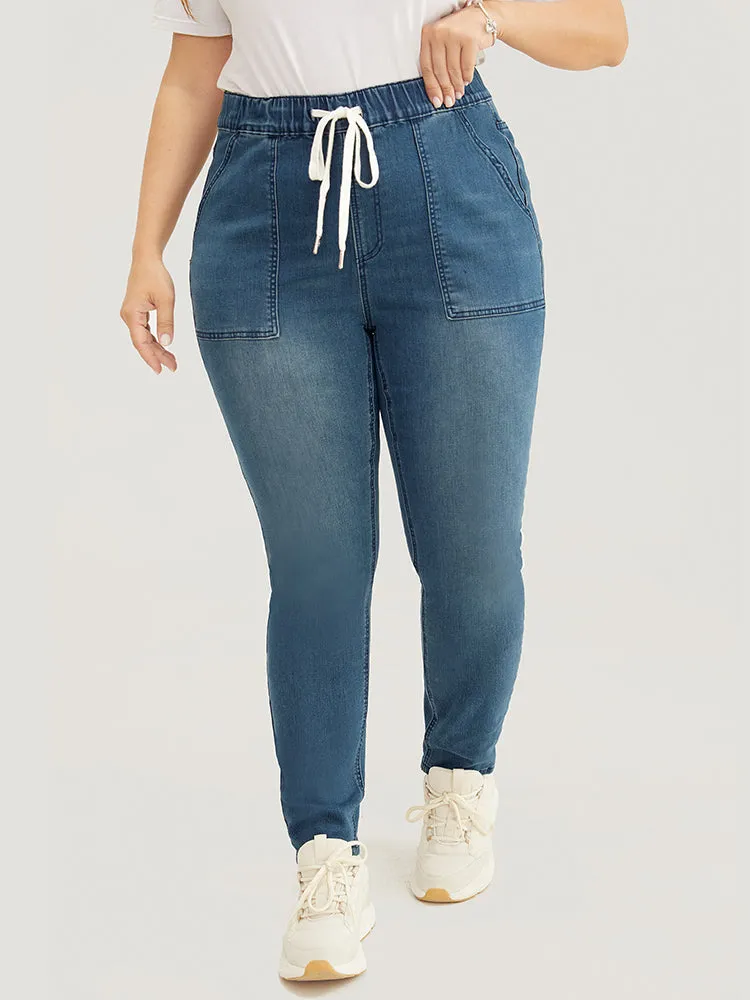 Slightly Stretchy High Rise Dark Wash Drawstring Jeans sold by Bloomchic product image thumbnail 5