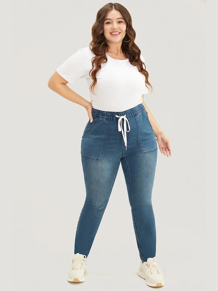Slightly Stretchy High Rise Dark Wash Drawstring Jeans sold by Bloomchic product image thumbnail 4