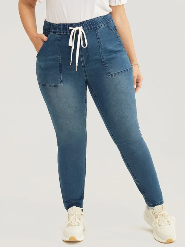 Slightly Stretchy High Rise Dark Wash Drawstring Jeans sold by Bloomchic