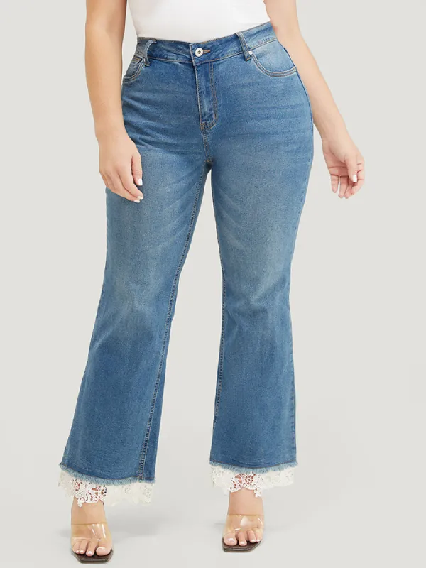 Slightly Stretchy High Rise Dark Wash Lace Hem Jeans sold by Bloomchic