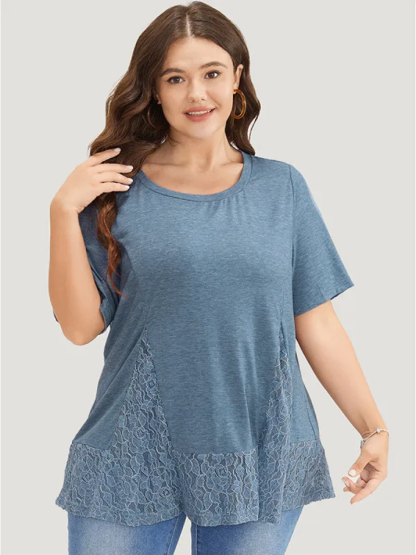 Solid Patchwork Crew Neck Lace Swing T-shirt sold by Bloomchic