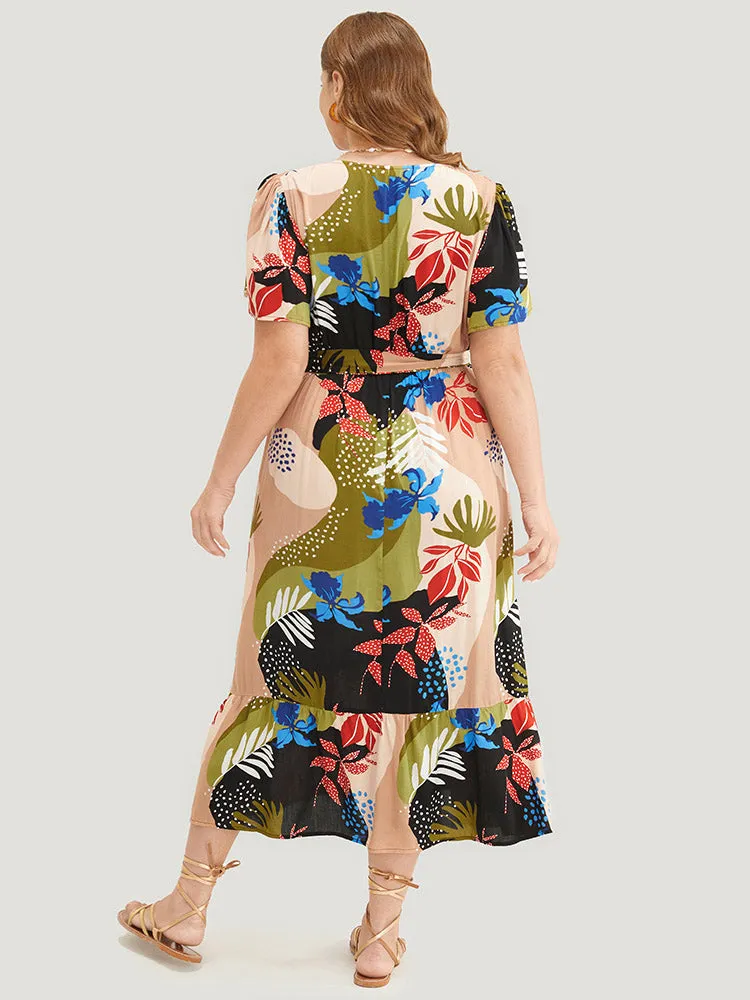 Tropical Print Ruched Front Belt Pocket Flutter Hem Dress sold by Bloomchic product image thumbnail 4