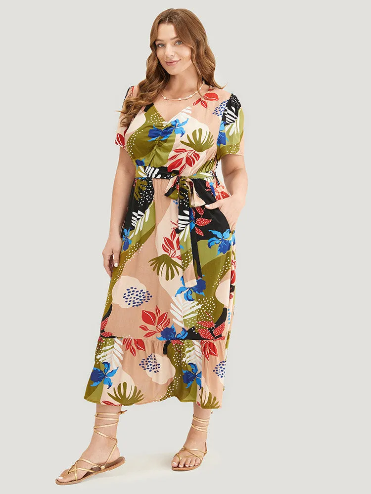Tropical Print Ruched Front Belt Pocket Flutter Hem Dress sold by Bloomchic