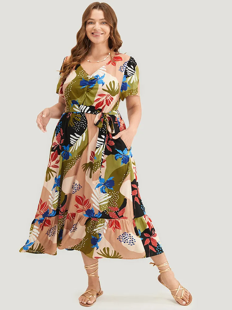 Tropical Print Ruched Front Belt Pocket Flutter Hem Dress sold by Bloomchic product image thumbnail 2