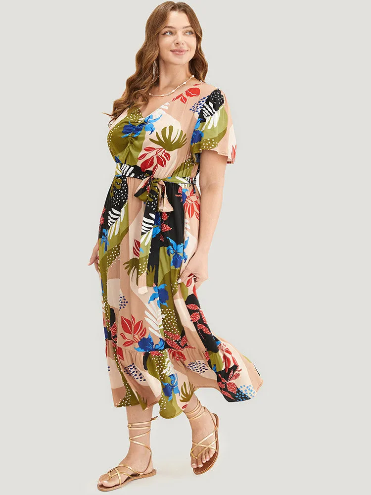 Tropical Print Ruched Front Belt Pocket Flutter Hem Dress sold by Bloomchic product image thumbnail 3