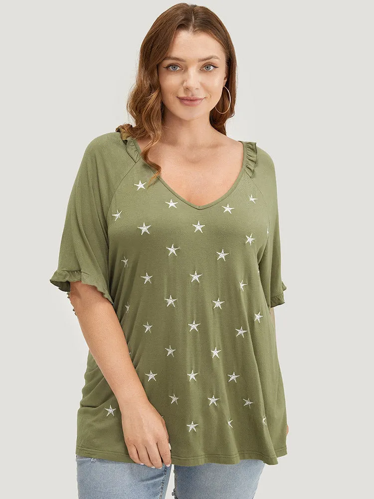 Star Embroidered Ruffle Trim Raglan Sleeve T-shirt sold by Bloomchic product image thumbnail 4