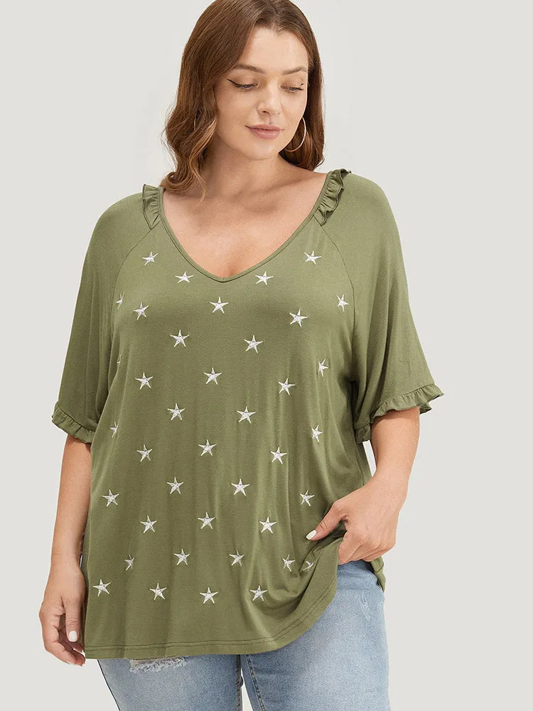 Star Embroidered Ruffle Trim Raglan Sleeve T-shirt sold by Bloomchic