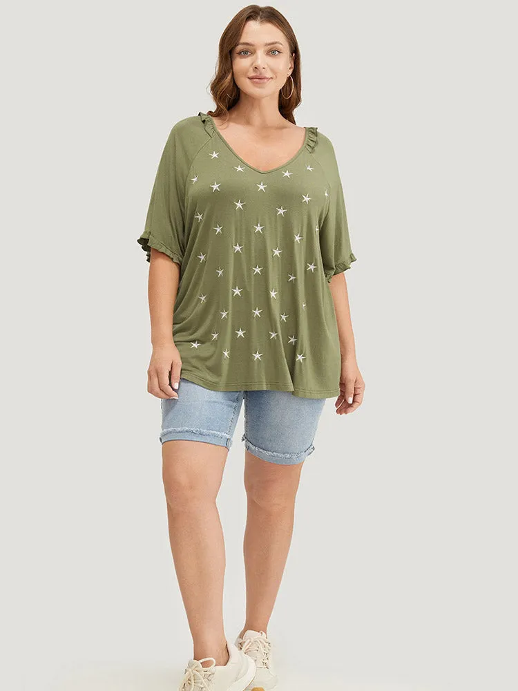 Star Embroidered Ruffle Trim Raglan Sleeve T-shirt sold by Bloomchic product image thumbnail 5