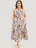 Floral Pocket Lace Insert Split Pompom Trim Halter Dress sold by Bloomchic