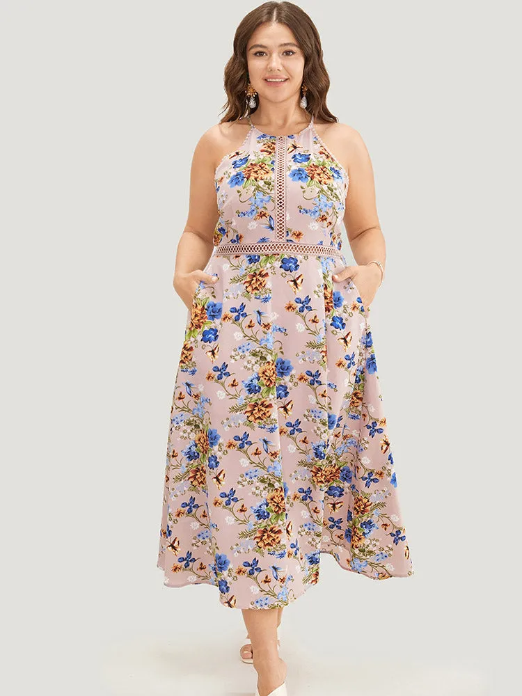 Floral Pocket Lace Insert Split Pompom Trim Halter Dress sold by Bloomchic product image thumbnail 3