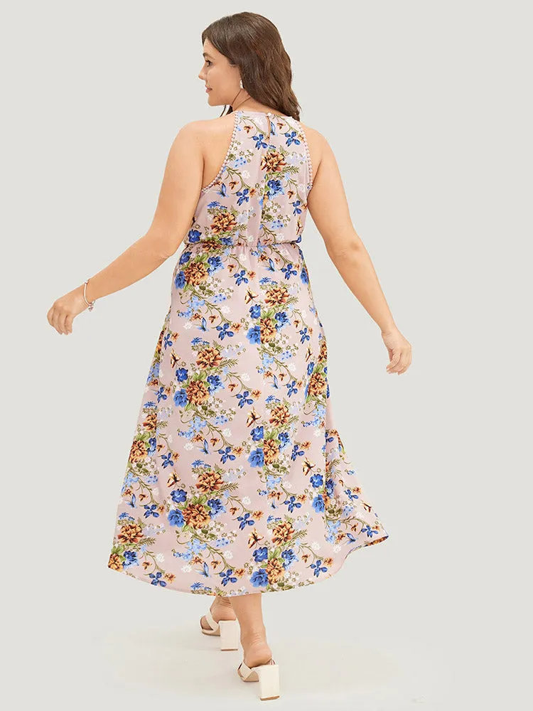 Floral Pocket Lace Insert Split Pompom Trim Halter Dress sold by Bloomchic product image thumbnail 4