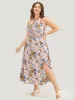 Floral Pocket Lace Insert Split Pompom Trim Halter Dress sold by Bloomchic