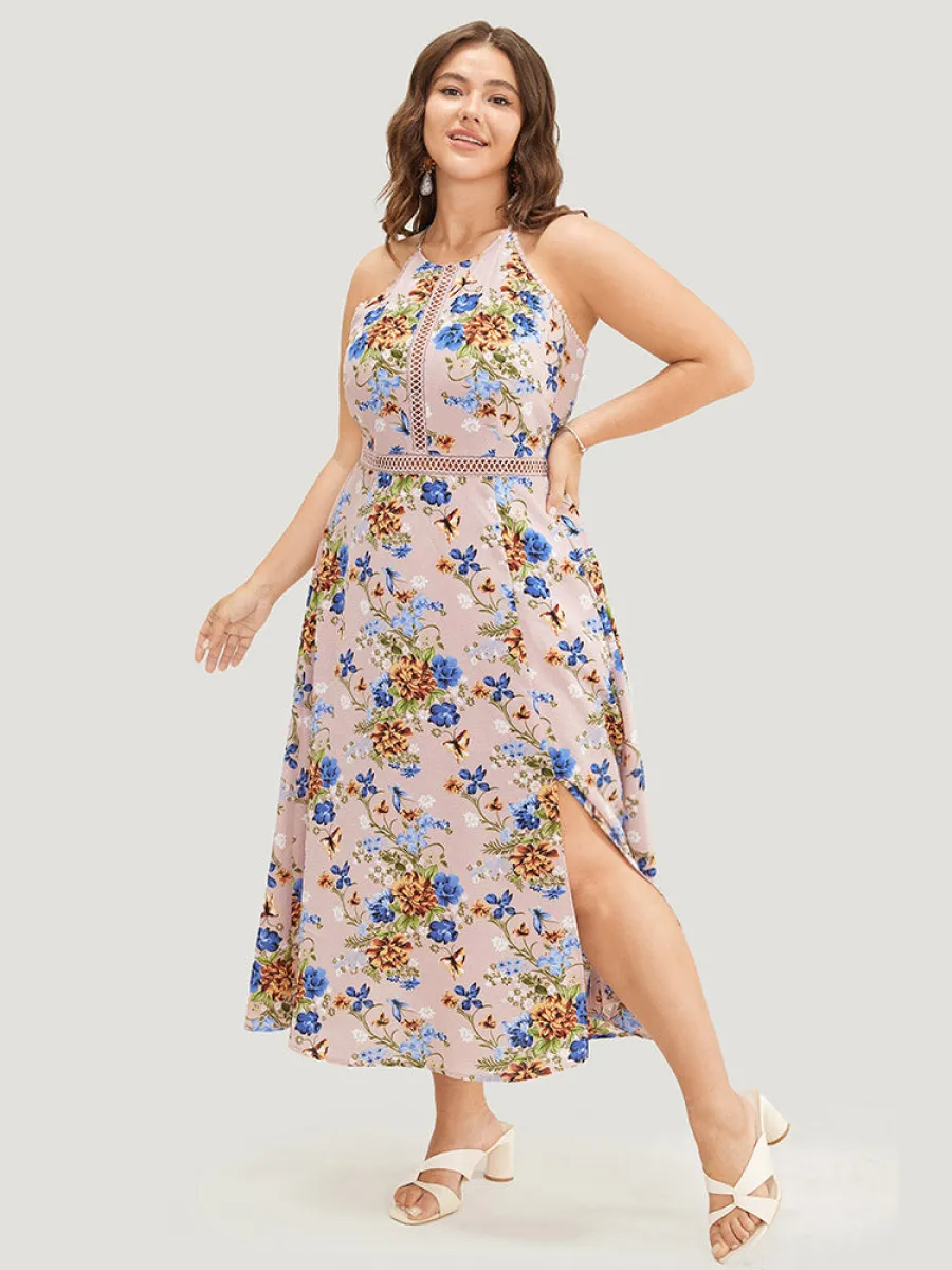 Floral Pocket Lace Insert Split Pompom Trim Halter Dress sold by Bloomchic