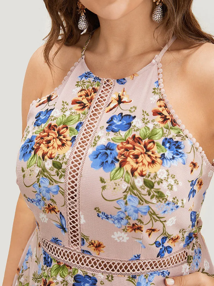 Floral Pocket Lace Insert Split Pompom Trim Halter Dress sold by Bloomchic product image thumbnail 5