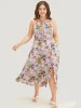 Floral Pocket Lace Insert Split Pompom Trim Halter Dress sold by Bloomchic