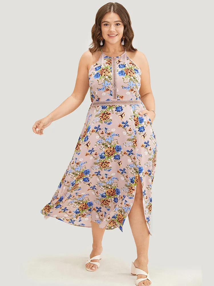 Floral Pocket Lace Insert Split Pompom Trim Halter Dress sold by Bloomchic product image thumbnail 2