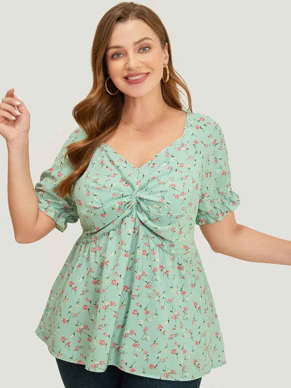 Ditsy Floral Twist Front Puff Sleeve Blouse sold by Bloomchic