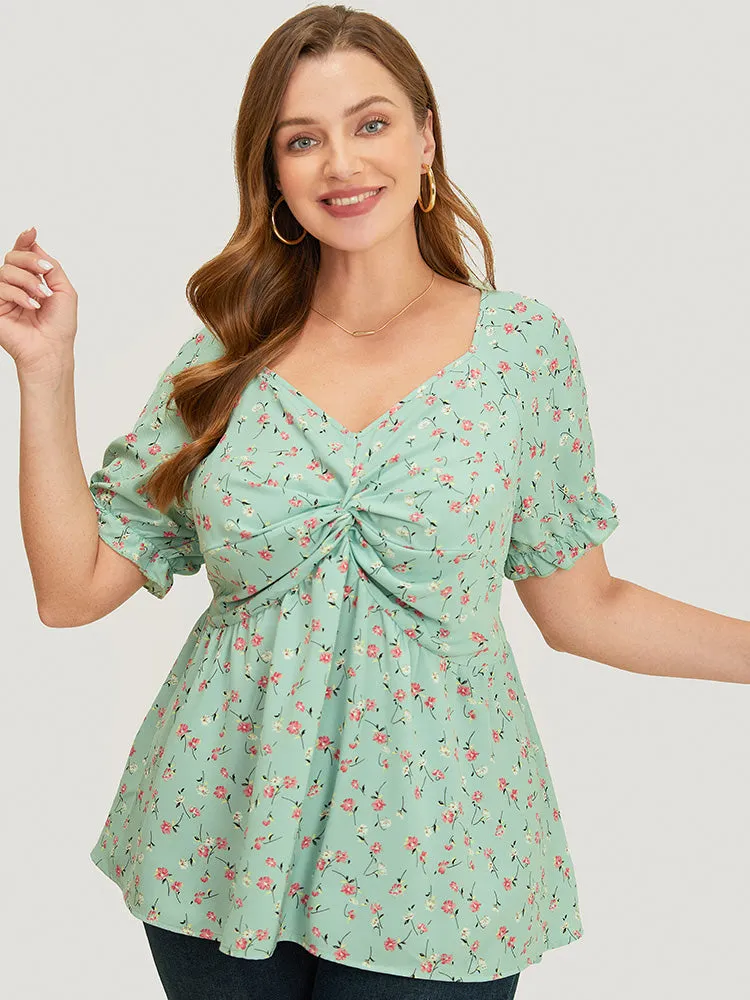 Ditsy Floral Twist Front Puff Sleeve Blouse sold by Bloomchic