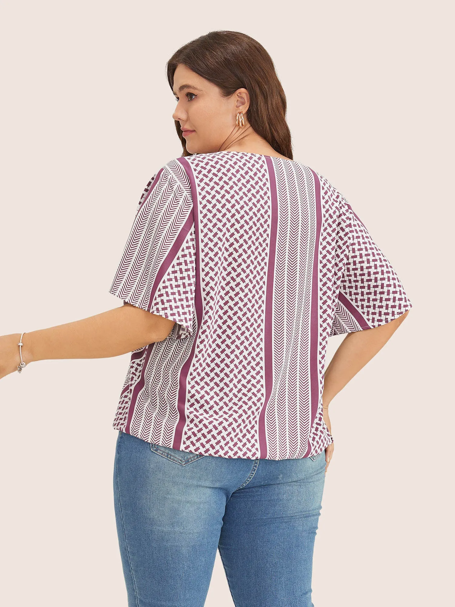 Geometric Contrast Ruffle Sleeve Wrap Blouse sold by Bloomchic product image thumbnail 5