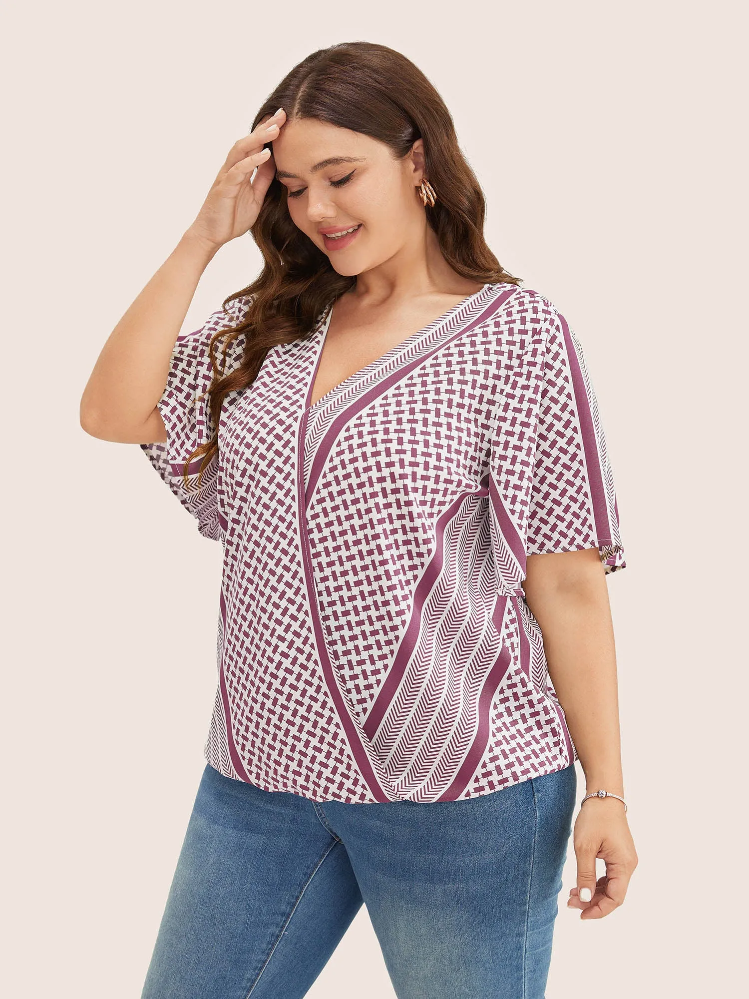 Geometric Contrast Ruffle Sleeve Wrap Blouse sold by Bloomchic product image thumbnail 4