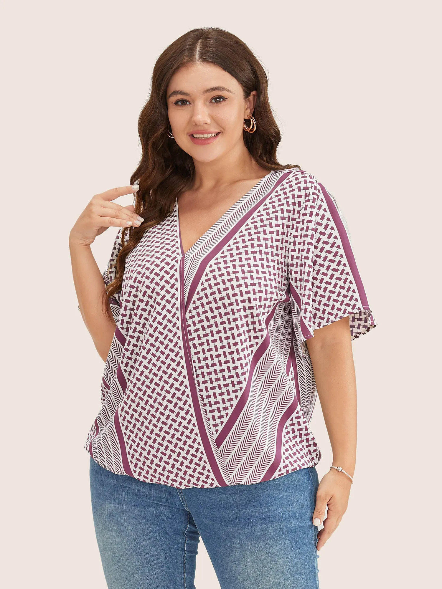 Geometric Contrast Ruffle Sleeve Wrap Blouse sold by Bloomchic product image thumbnail 3