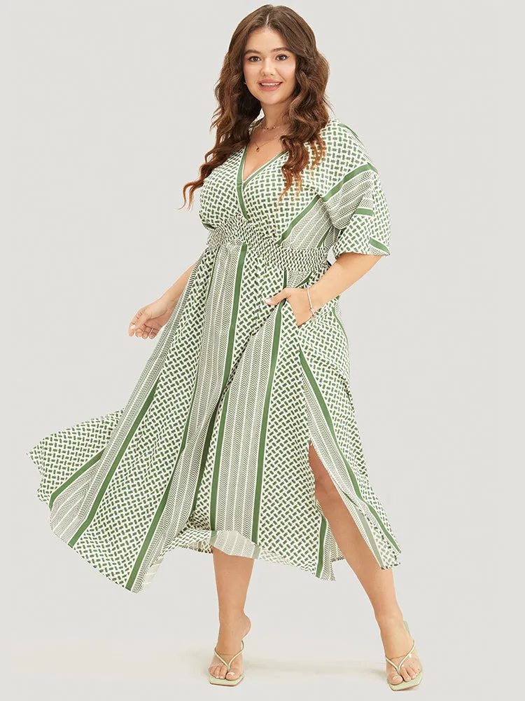 Geometric Contrast Wrap Pocket Shirred Split Dress sold by Bloomchic product image thumbnail 3