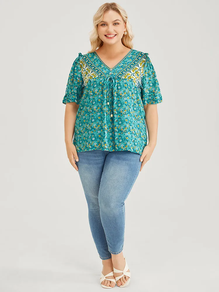 Bandana Ruffle Trim Knot Front Button Detail Blouse sold by Bloomchic product image thumbnail 4