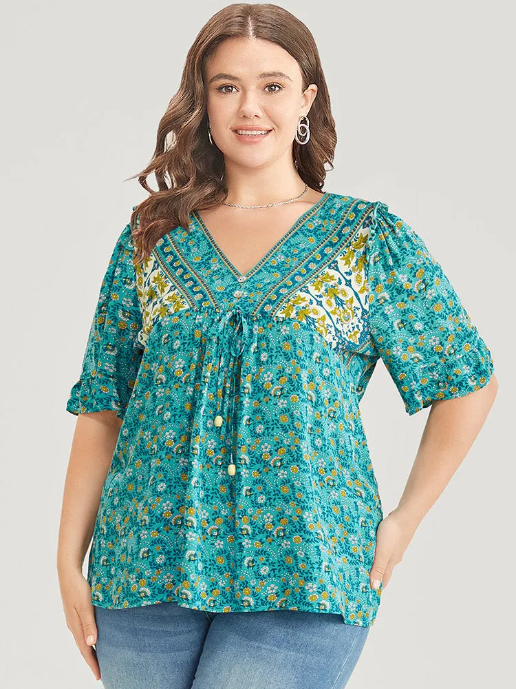 Bandana Ruffle Trim Knot Front Button Detail Blouse sold by Bloomchic