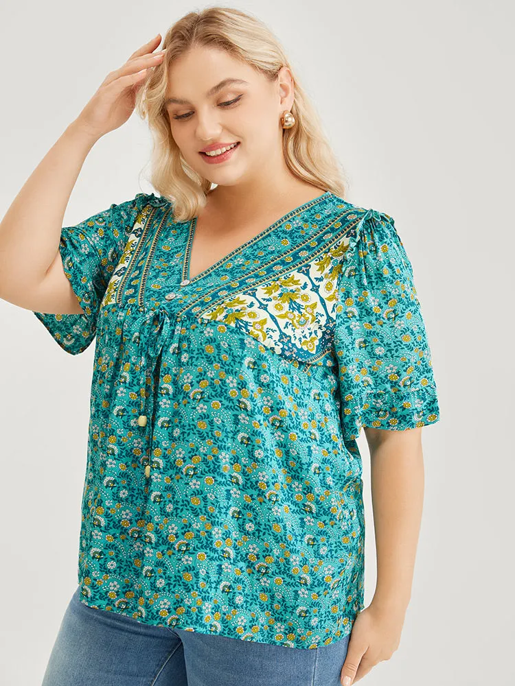 Bandana Ruffle Trim Knot Front Button Detail Blouse sold by Bloomchic product image thumbnail 5