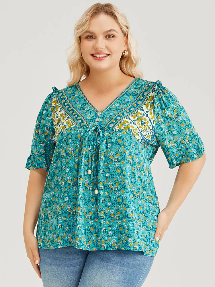 Bandana Ruffle Trim Knot Front Button Detail Blouse sold by Bloomchic product image thumbnail 2