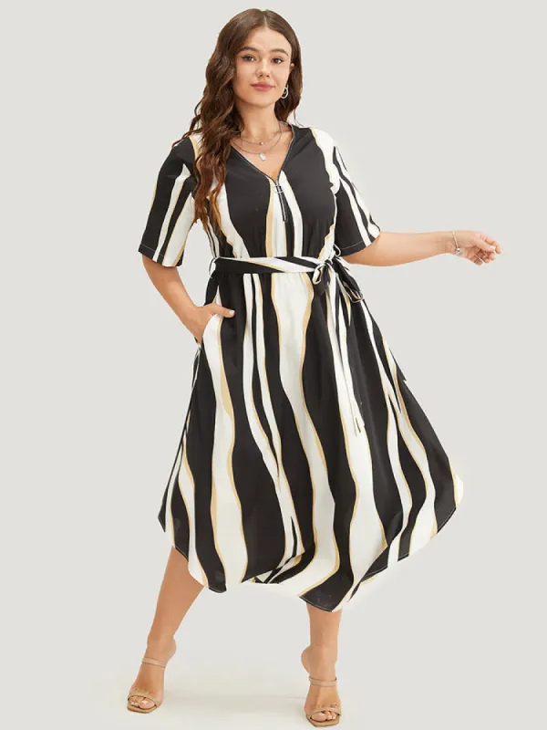 Geometric Contrast Pocket Ruffle Belt Half Zipper Arc Hem Dress sold by Bloomchic